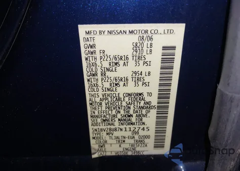 2007 Nissan Quest 3.5 Sl из США, поврежденный, VIN 5N1BV28U87N112745